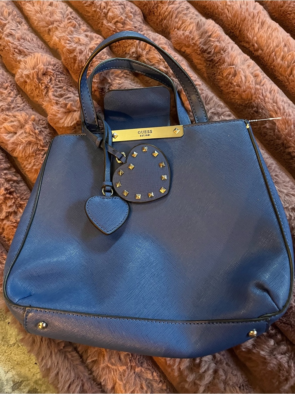 GUESS Navy Satchel with Gold Stud Heart Charm